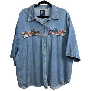 Vintage Quiz New York Denim Shirt Womens Size 24 Embroidered Teddy Bear